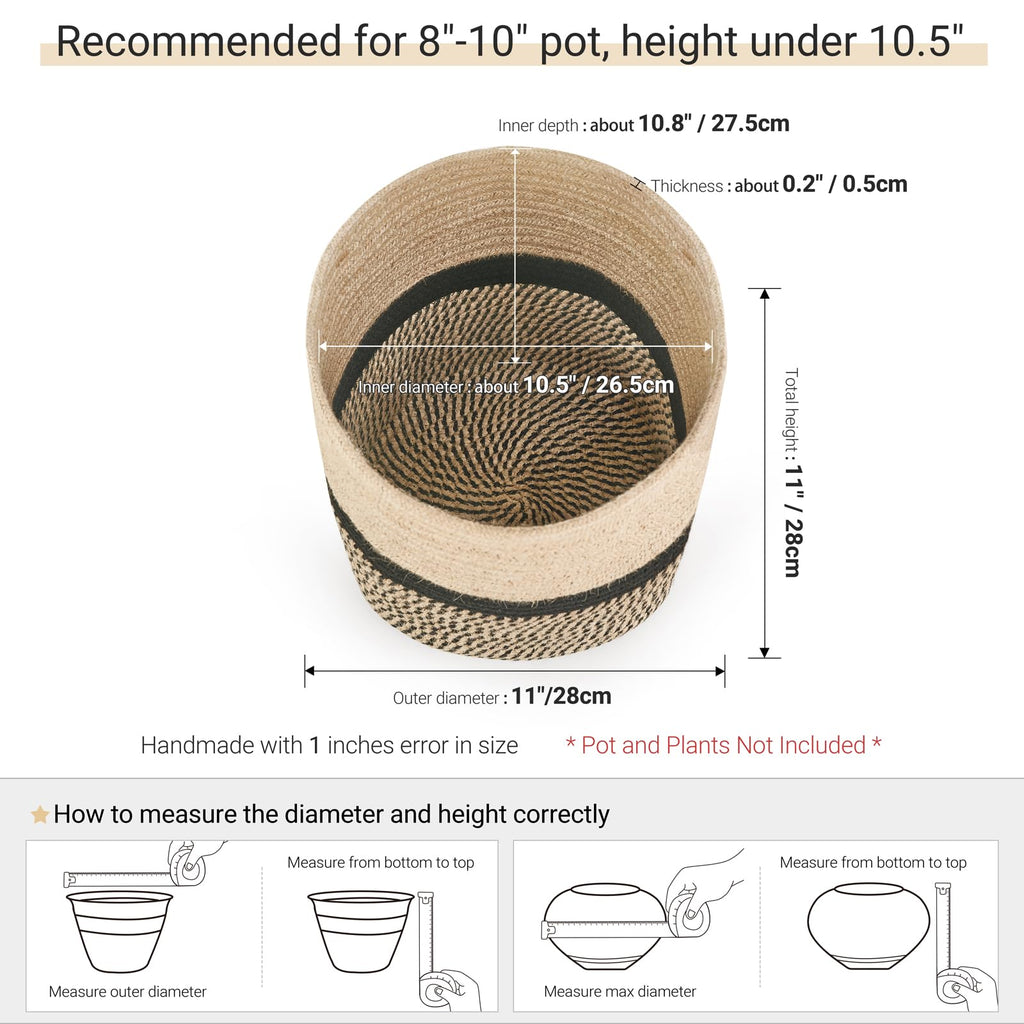 Plant Basket Indoor for 10 inch Pot Woven Jute Planter, Black