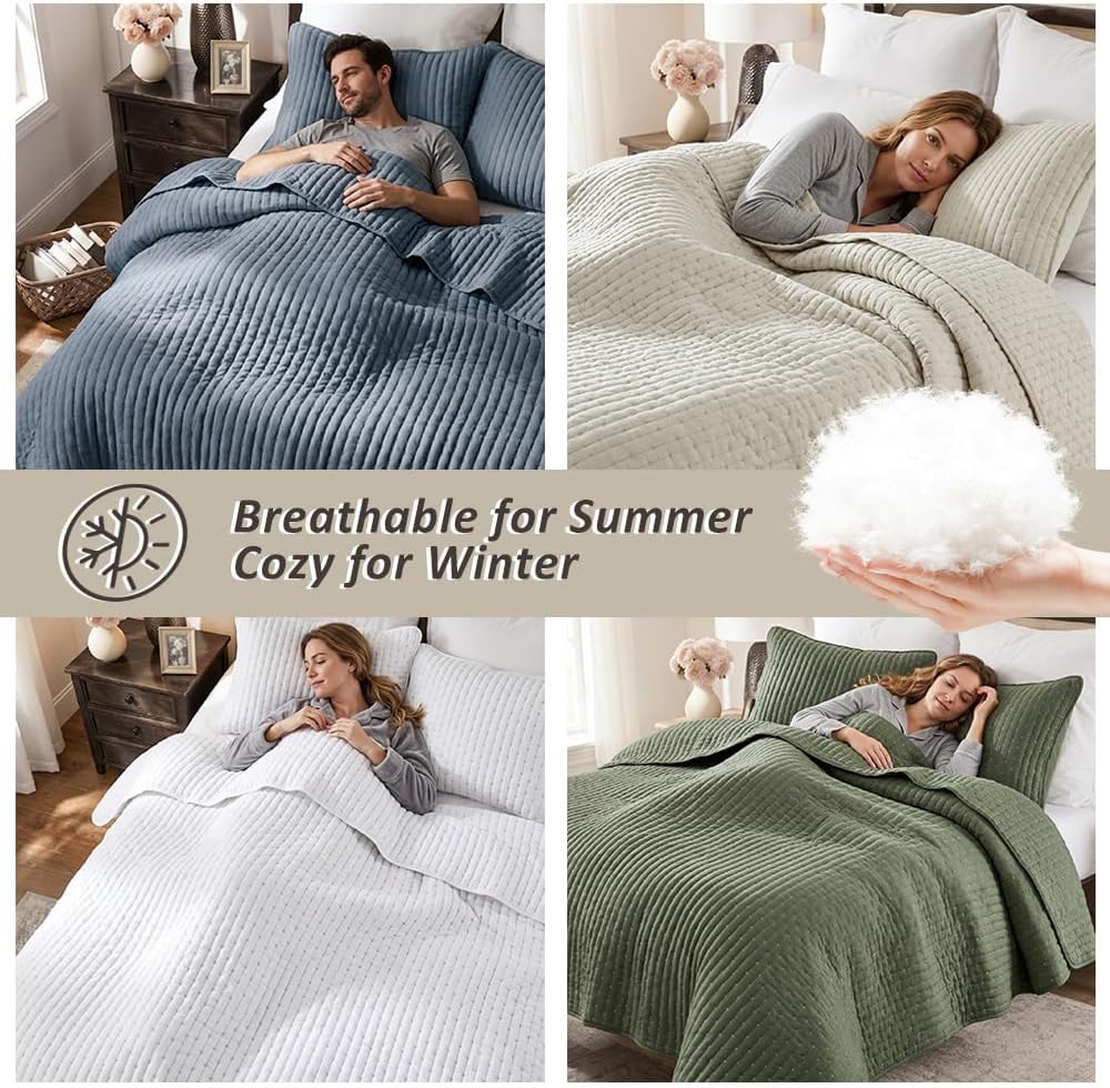 Olive Green Cross Stitch Queen Quilt Set, Striped Lightweight Soft Bedspread, Channel Farmhouse Rustic Coverlet, All