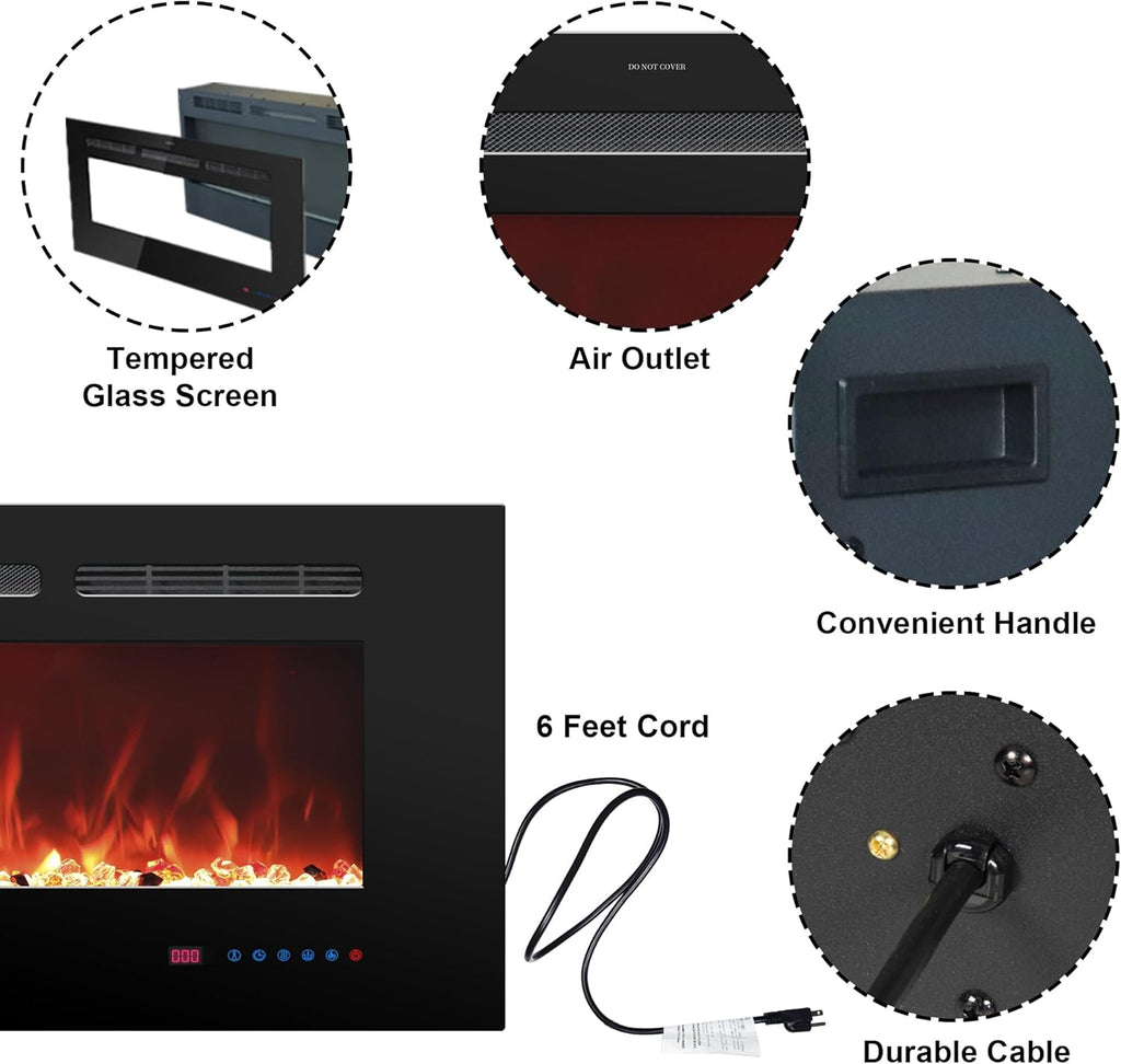 48 Inches Electric Fireplace Inserts, Recessed and Wall Mounted Fireplace Heater for Indoor Use with Remote Control