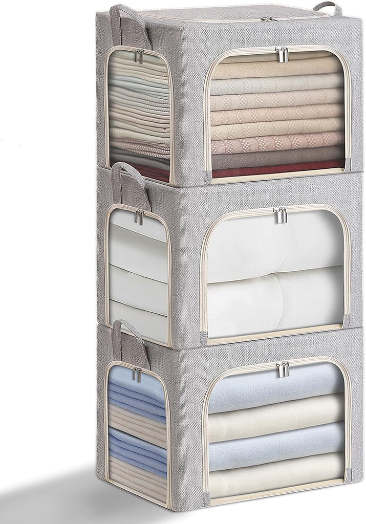3-Side Zippered Openings Clothes Storage Bins with Thick Metal Frame, Stackable & Foldable Clothing Storage Bins with