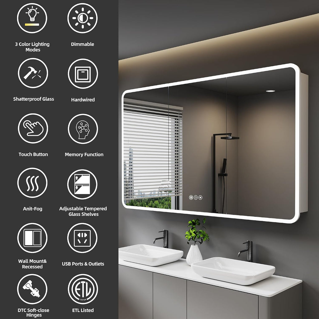 60 x 32 Inch Medicine Cabinet with Mirror and LED Light | Recessed, Wall-Mounted, Dimmable, Anti-Fog, Memory