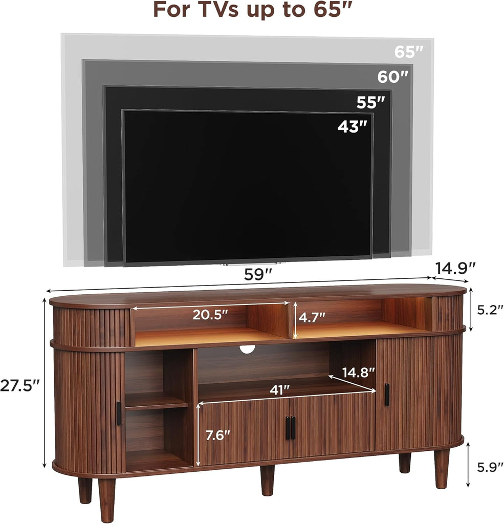 59" Fluted TV Stand with Sliding Doors, Mid Century Modern TV Stands for Tvs up to 65", Entertainment Center with