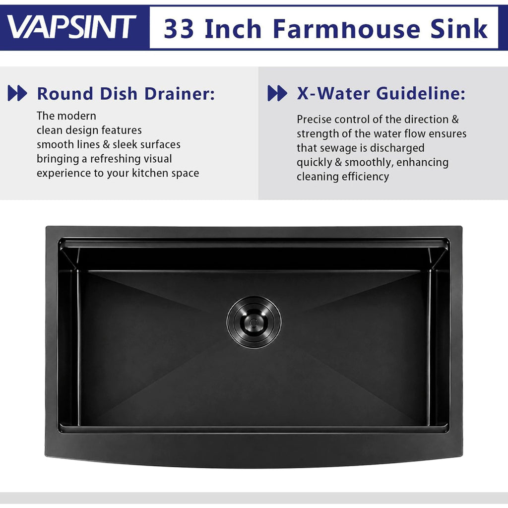 33 Inch Black Farmhouse Kitchen Sink, 33x20x9 Inches Stainless Steel Undermount 16 Gauge Deep Single Bowl Apron Front