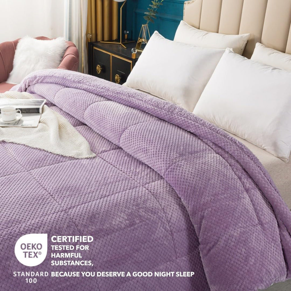 Super Ultra Soft Luxury Plush Sherpa Comforter, Cozy Reversible Faux Fur Machine Washable Bedding, Purple, Queen Size
