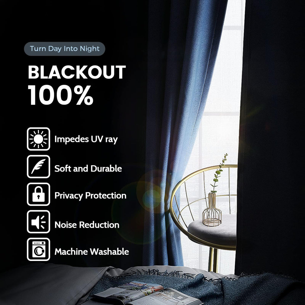 Navy Blue 100% Blackout Curtains Room Darkening Living Room 90