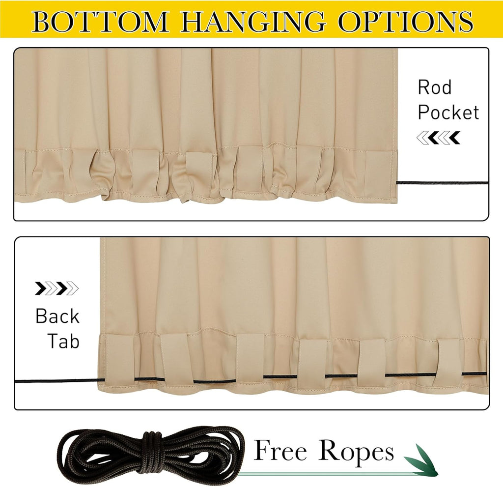 2 Panels Outdoor Curtains Waterproof Windproof W52 x L84 | Top & Bottom Fixed Weatherproof Gazebo Drapes with Free