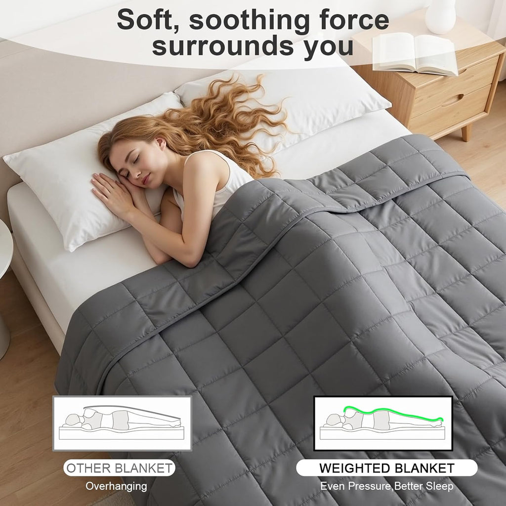 Weighted Blanket for Adults, Cotton Cooling Heavy Blanket with Glass Beads Standard Grid Stitching Soft Cozy Grey