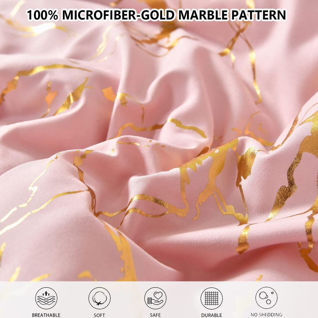 Gold Metallic Marble Comforter Set Queen Size, 7 Piece Bed in a Bag, Foil Print Glitter Pink Comforter and Sheet