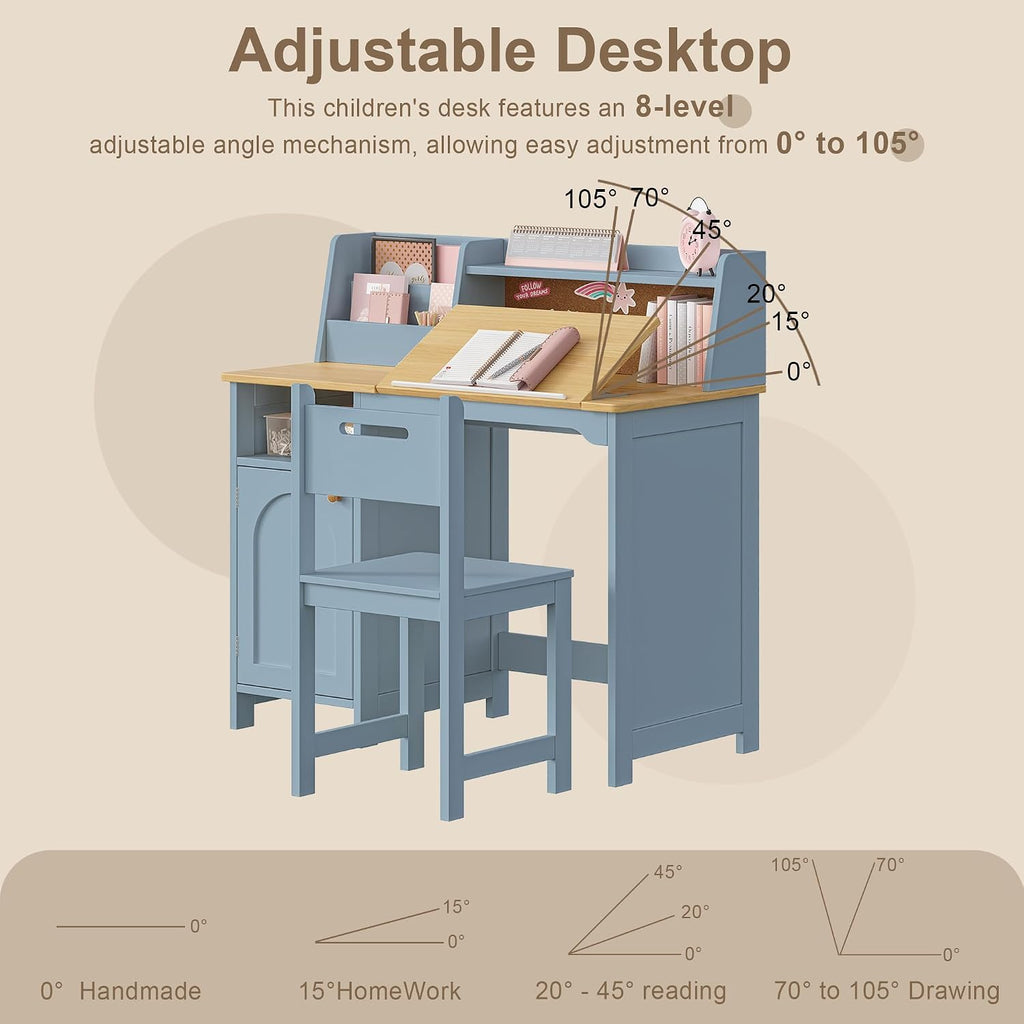 Kids Study Desk and Chair Set with Tiltable Desktop for 3-8 Years