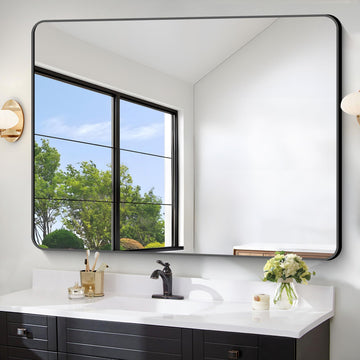 Large Bathroom Mirror 48 x 36 Inches, Black Large Wall Mirror Aluminum Frame Wall Mounted Rounded Corner Morndern