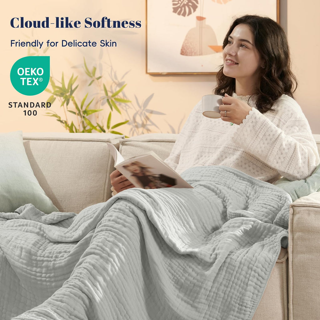 Cooling Muslin Throw XL Blanket 50"x70", 6-Layer Lightweight Gauze Blanket Made from 35% Rayon Derived from Bamboo &