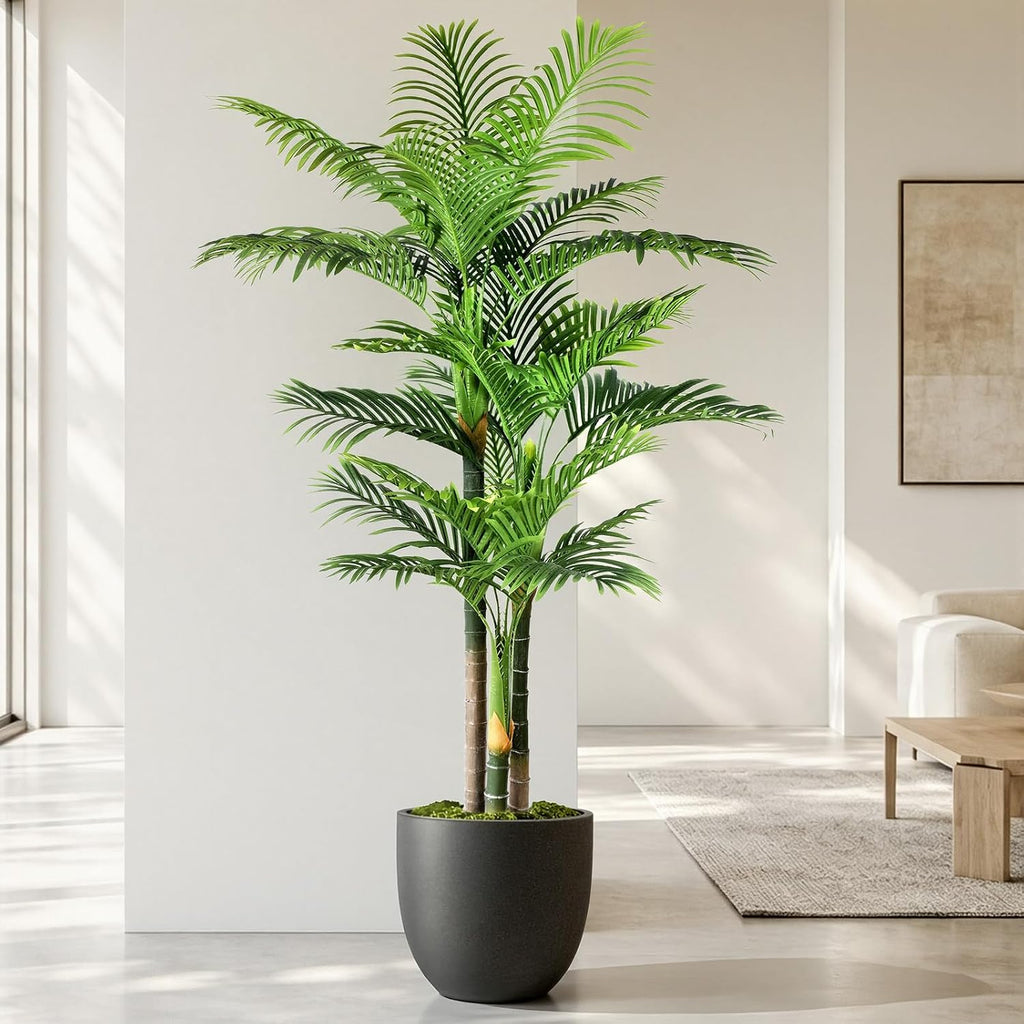 6FT Artificial Palm Tree - Tropical Faux Golden Cane Palm Tree UV Resistant Tall Fake Plant Indoor with Black Pot