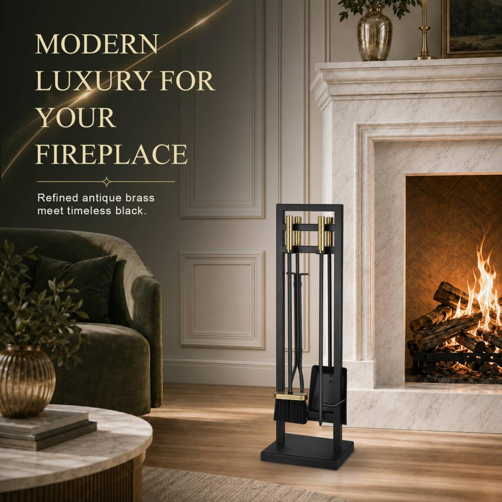 5-Piece Fireplace Tool Set, 30" One-Piece Stand, Antique Brass