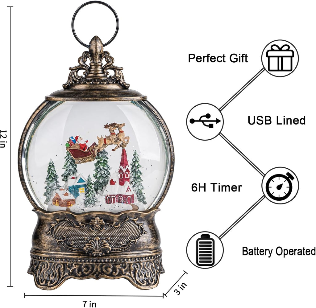 Christmas Village Snow Globe Lighted Flying Santa Scene, Musical Snow Water Lantern Swirling Glittering Home
