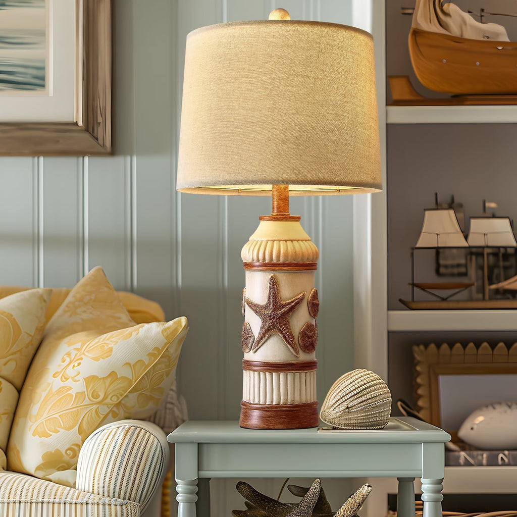 24" Table Lamp, Boho Table Lamp, Bedside Nightstand Lamp, Coastal Nautical Lamp with Starfish Conch Pattern for