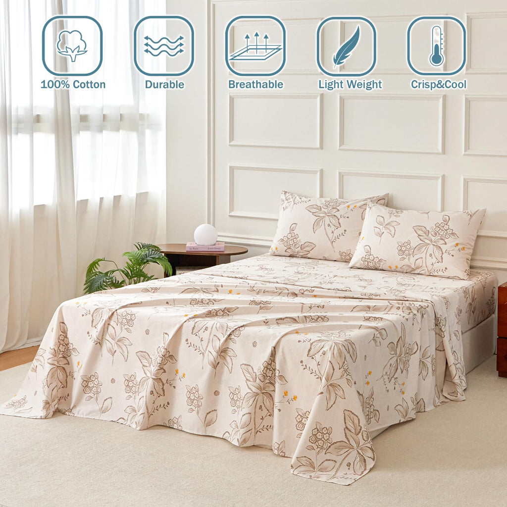 Cream Floral Bed Sheets Set 100% Cotton Percale Sheets Farmhouse Flower Printed Beige Vintage Cottage Bedding