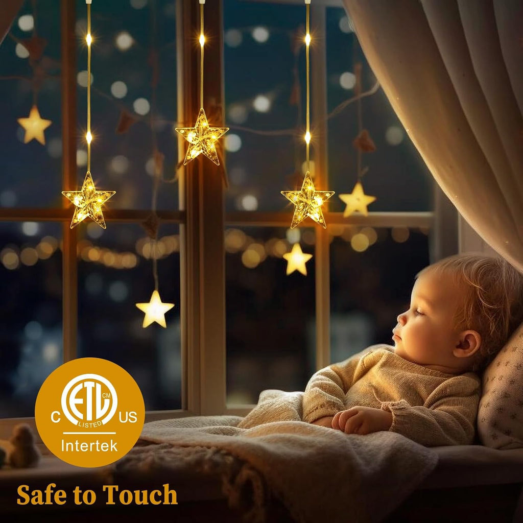 Window Lights, 76LEDs 9 Star Curtain Lights, Warm White&Multicolor, IP65 Waterproof, Timer & Memory Function, 8 Modes