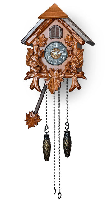 Cuckoo Wall Clock with Night Mode in Traditional German Style with Carved Squirrels (Cherry)