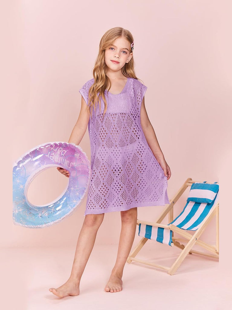 Girls Hollow Out Knitted Swimsuit Cover Up Kids Fashion Split Hem Coverups Beach Dress