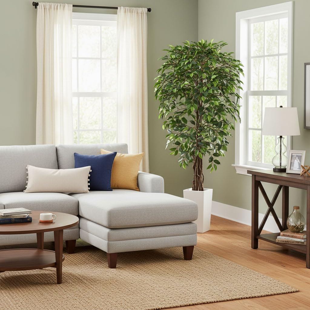 6ft Artificial Ficus Tree Decor with White Pot, 6 Feet Faux Plant Fake Silk Trees Outdoor House Living Room Office