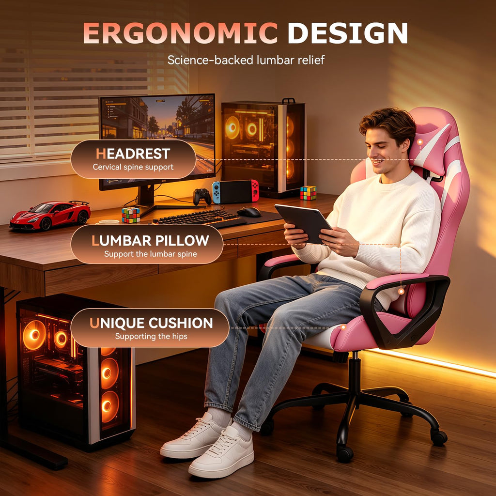 Ergonomic Gaming Chair for Adults, Video Game Chair, Pink
