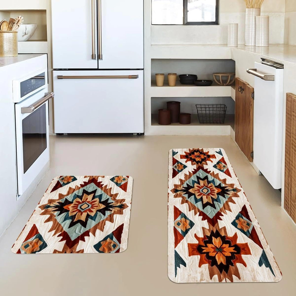 Rustic Navajo Kitchen Rugs Set of 2, Aztec Geometric Cotton Blend Linen Non Slip Kitchen Floor Mats Bedroom Bathroom