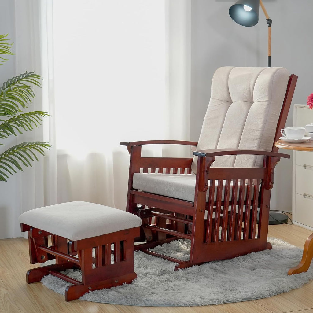 Glider Rocking Chair for the Nursery with Ottoman, 3A Solid Rubberwood Frame, Smooth-Gliding Rocking Chair Easy to