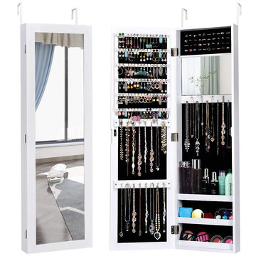 Door/Wall-Mounted Jewelry Cabinet, Organizer with Full-Length Mirror, Ring Holders, Necklace Hooks (White)