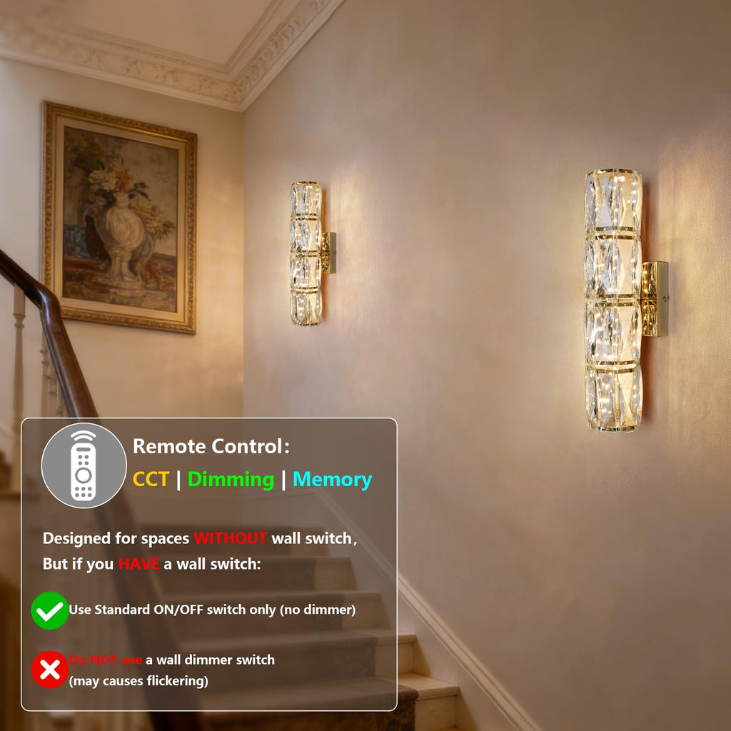 Gold Crystal Wall Sconce, Modern Dimmable LED Indoor Wall Light Fixtures with Remote, Elegant K9 Crystal Bathroom
