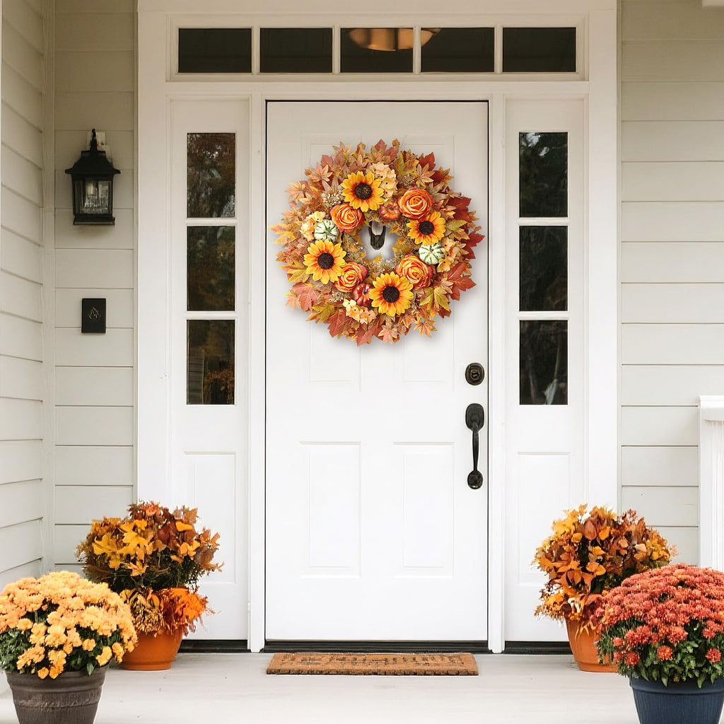 28" Large Artificial Maple Leaves Fall Wreath for Front Door(Orange-Yellow)