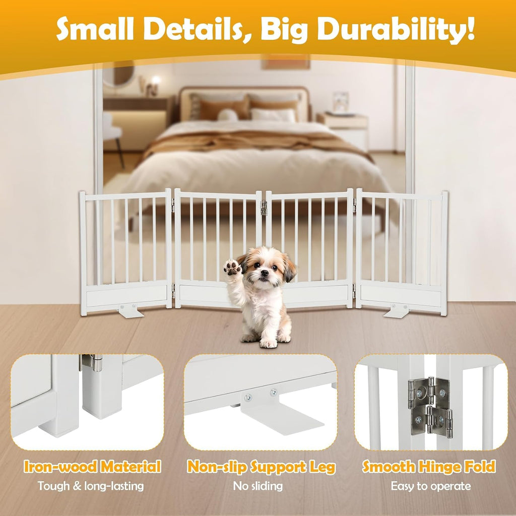 Freestanding Short Dog Gate, 16" Pet Gate Indoor with Support Feet Easily Step Over, 4 Panel Metal Wood Foldable Pet