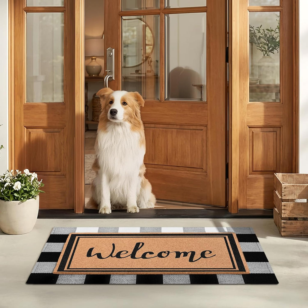 2-Piece Layered Welcome Mat Set - Coir Doormat & Buffalo Plaid Rug | Brown Coir Doormat & Black White Buffalo Plaid