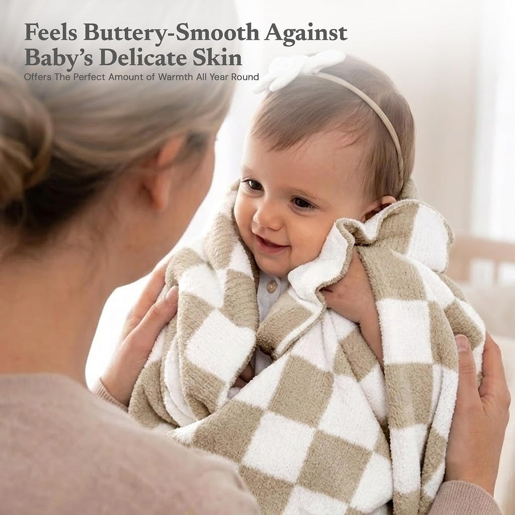 Textiles Taupe Check Chenille Boy Baby Blanket Super Soft Reversible