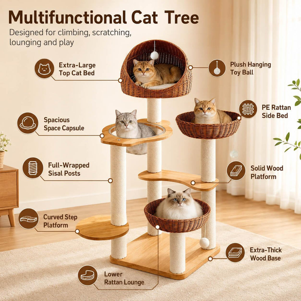 50in Solid Wood Cat Tree for Indoor Cats with Wicker Beds