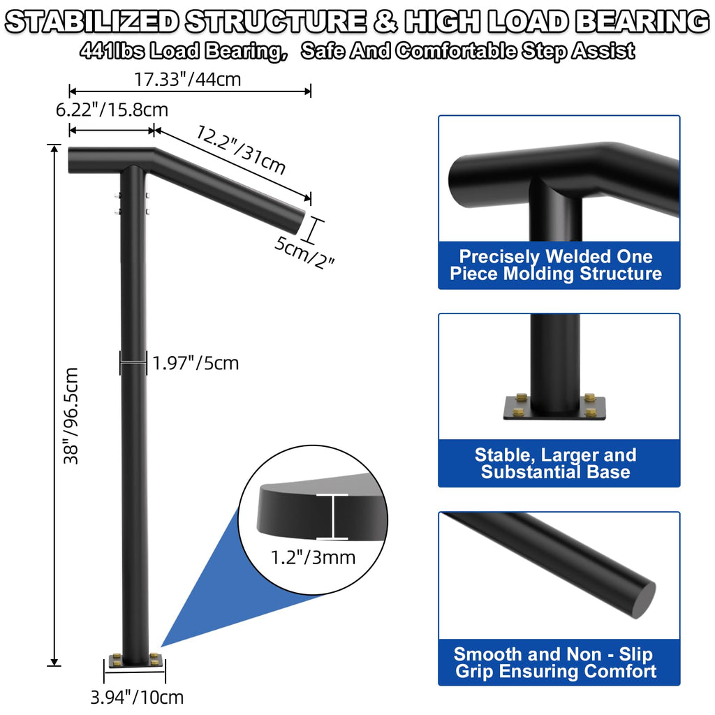 1-2 Step Single Post Handrail-Outdoor Stair Rail- Single Post Wrought Iron Handrail with DIY Tool Kit, 38" H Black