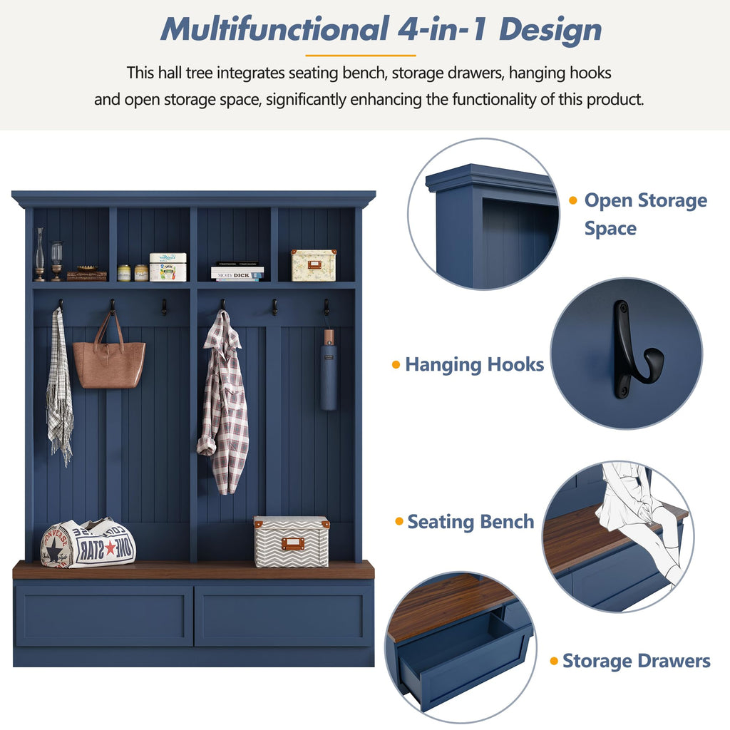 Farmhouse 4-in-1 Hall Tree with Bench and Storage, 55.9 Coat Rack with 6 Hooks, 2 Large Drawers and 4 Open Cubbies
