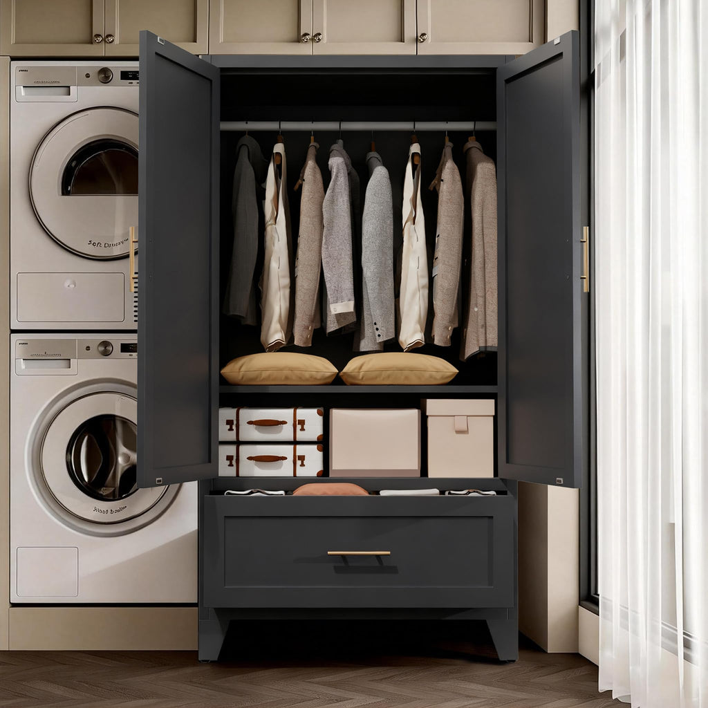 60" Tall Steel Wardrobe Closet with Hanging Rod, 2 Doors, Black