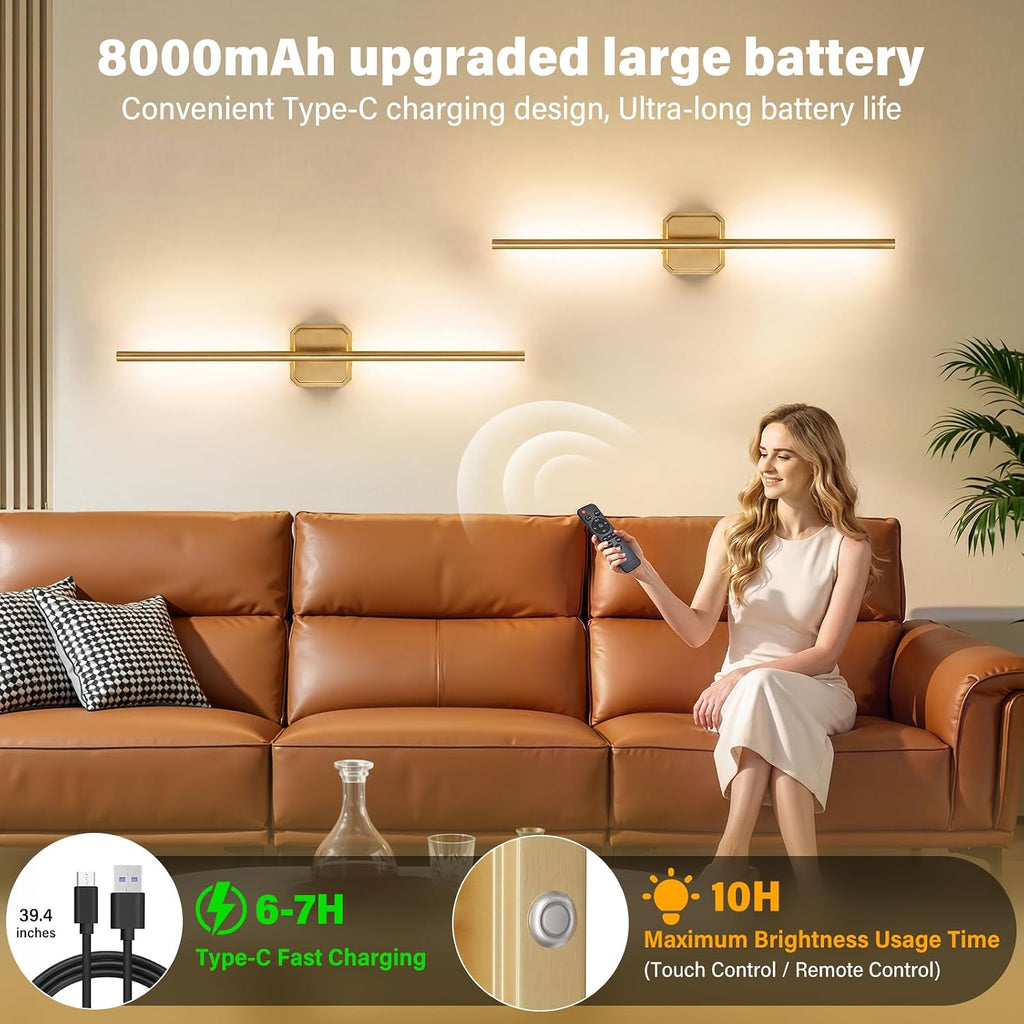 Battery Operated Wall Sconces Set of 2: Rechargeable Wall Lights with Remote Control, 2700K-6000K Dimmable LED Wall