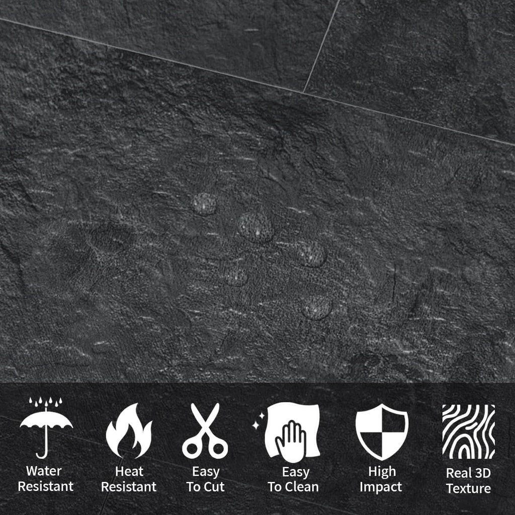 6" x 12" Black Slate Peel and Stick Backsplash Wall Tiles, PVC Faux Stone Stick on Tiles for Backsplash Kitchen