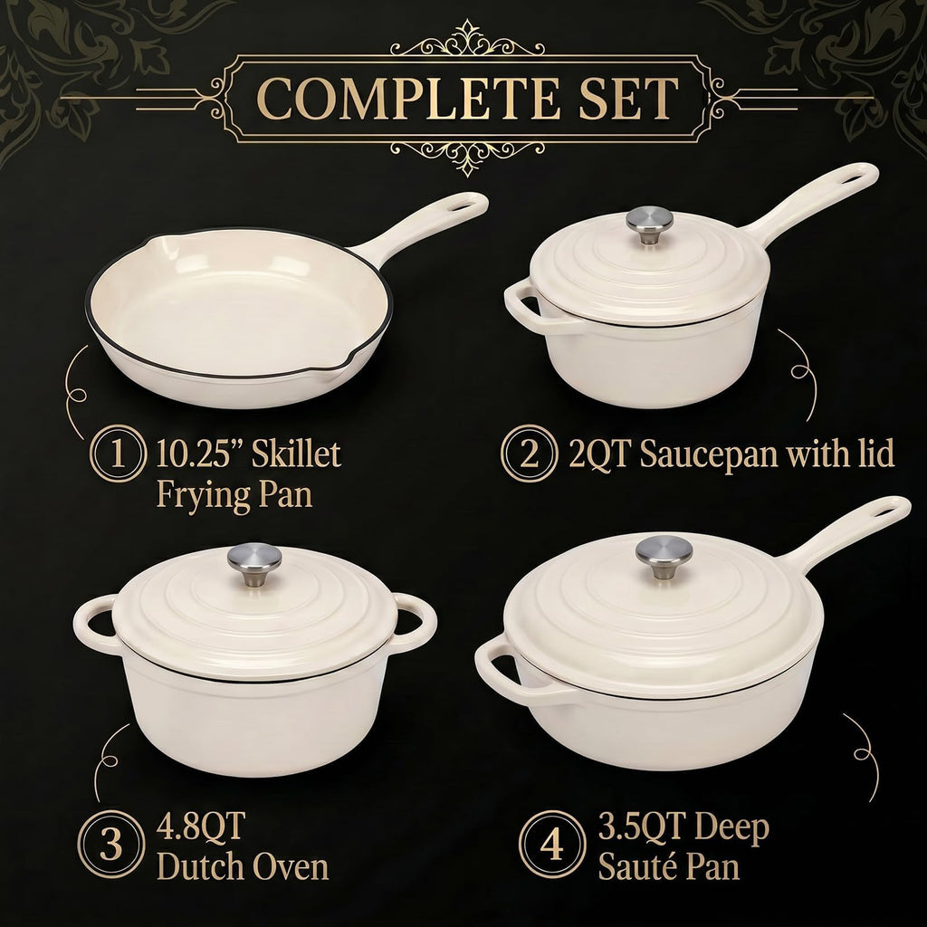 Nonstick Enameled Cast Iron Cookware Set, 4-Pcs Pots and Pans with Lids