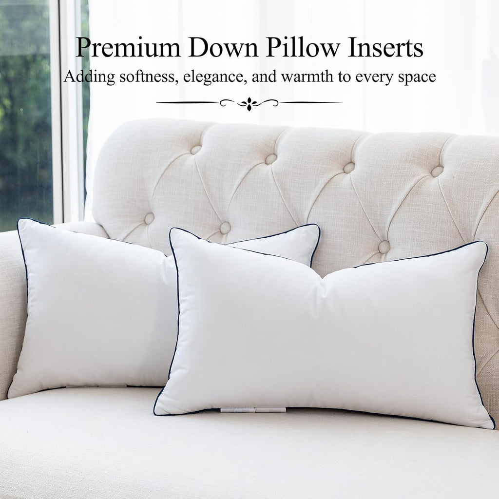 Down 12x20 Pillow Inserts, Goose Down & Feather Fill Decorative Lumbar Pillow Insert, Triple-Layer Downproof - Set of 2