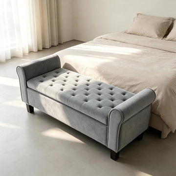 51 Inch Grey Velvet Storage Ottoman Bench with Rolled Armrests | Tufted Ottoman Bench with Storage,500 Lbs