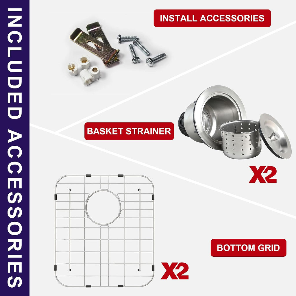 32 Inch Undermount 50/50 Double Bowl Kitchen Sink | 304 Stainless Steel, 18 Gauge Thickness, Large Capacity, Basket