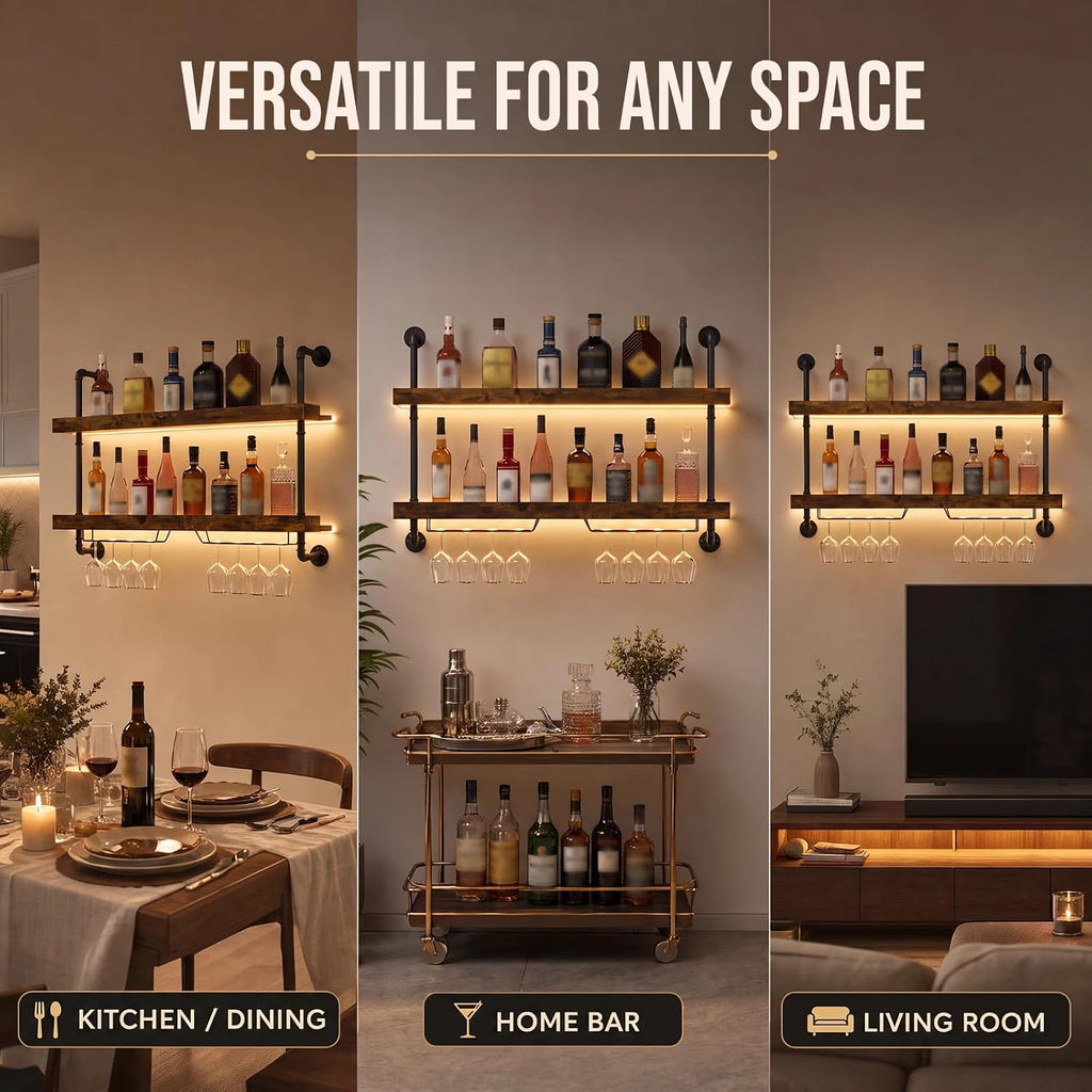 2-Tier Wall Mounted Wine Rack with LED Lights,47.2" W | Bar Shelves Wall Mounted,Hanging Liquor & Wine Glass Rack