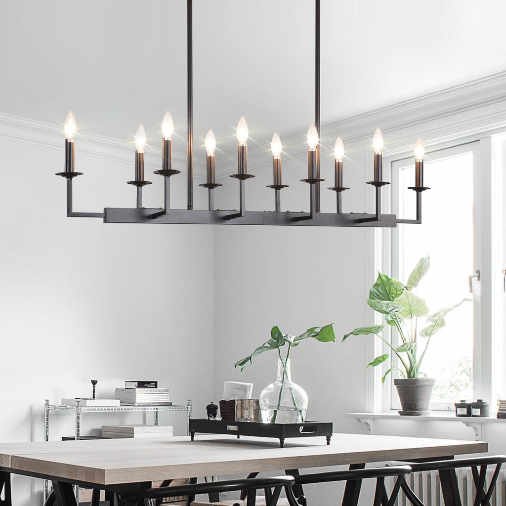 Rustic Black Linear Chandelier,Extra Long Candle Chandelier,Black Light Fixture Living Room Kitchen Island