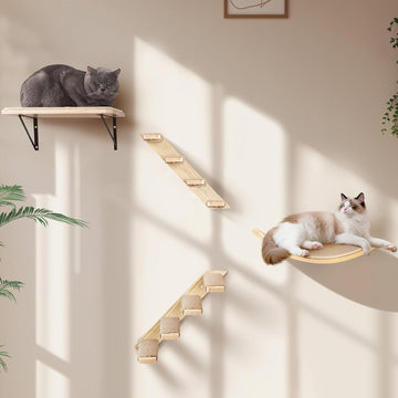 Cat Wall Shelves Set with Sisal Cats Stairs, 4 Piece Wooden Climbing Furniture with Scratchable Curved Bed, Flat