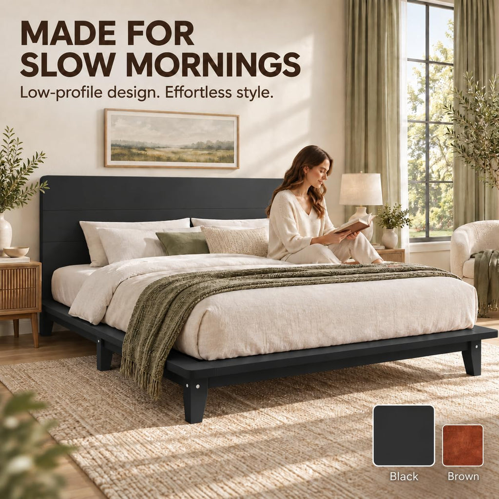 Japanese Wooden Bed Frame with Black Headboard