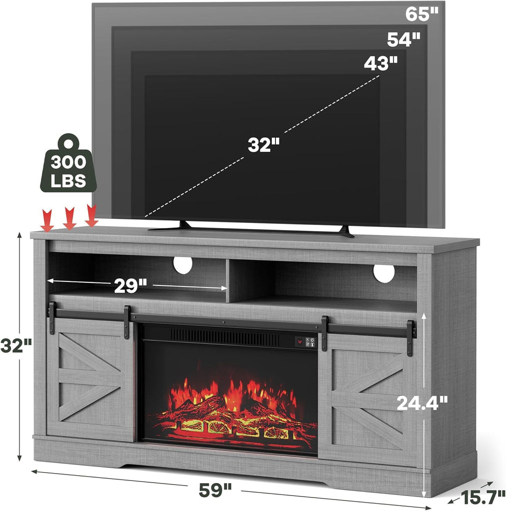 Farmhouse Fireplace TV Stand for Television up to 65+ Inch, Gray | TV Console with Storage and Sliding Barn Doors