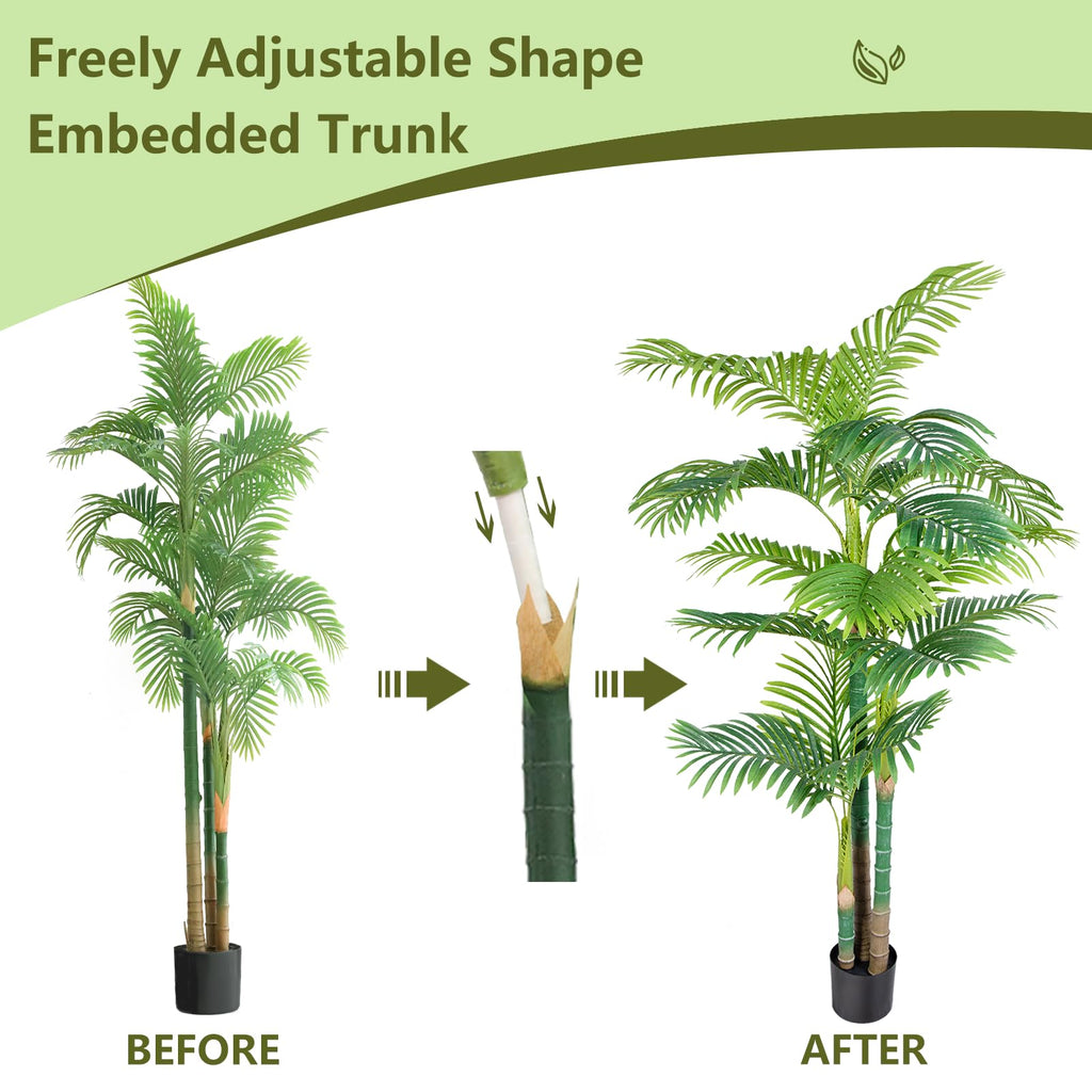Fake Palm Trees 6FT 2pcs, Artificial Golden Cane Palm Tree 72IN, Green Large Tropical Palm Fake Plant in Pot for
