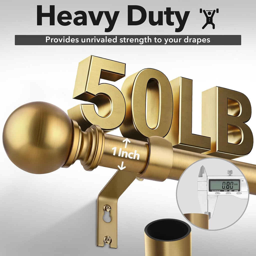 Brush Gold Curtain Rods for Windows 32 to 90 Inch, 1 Inch Brass Heavy Duty Curtain Rods Adjustable and Easy